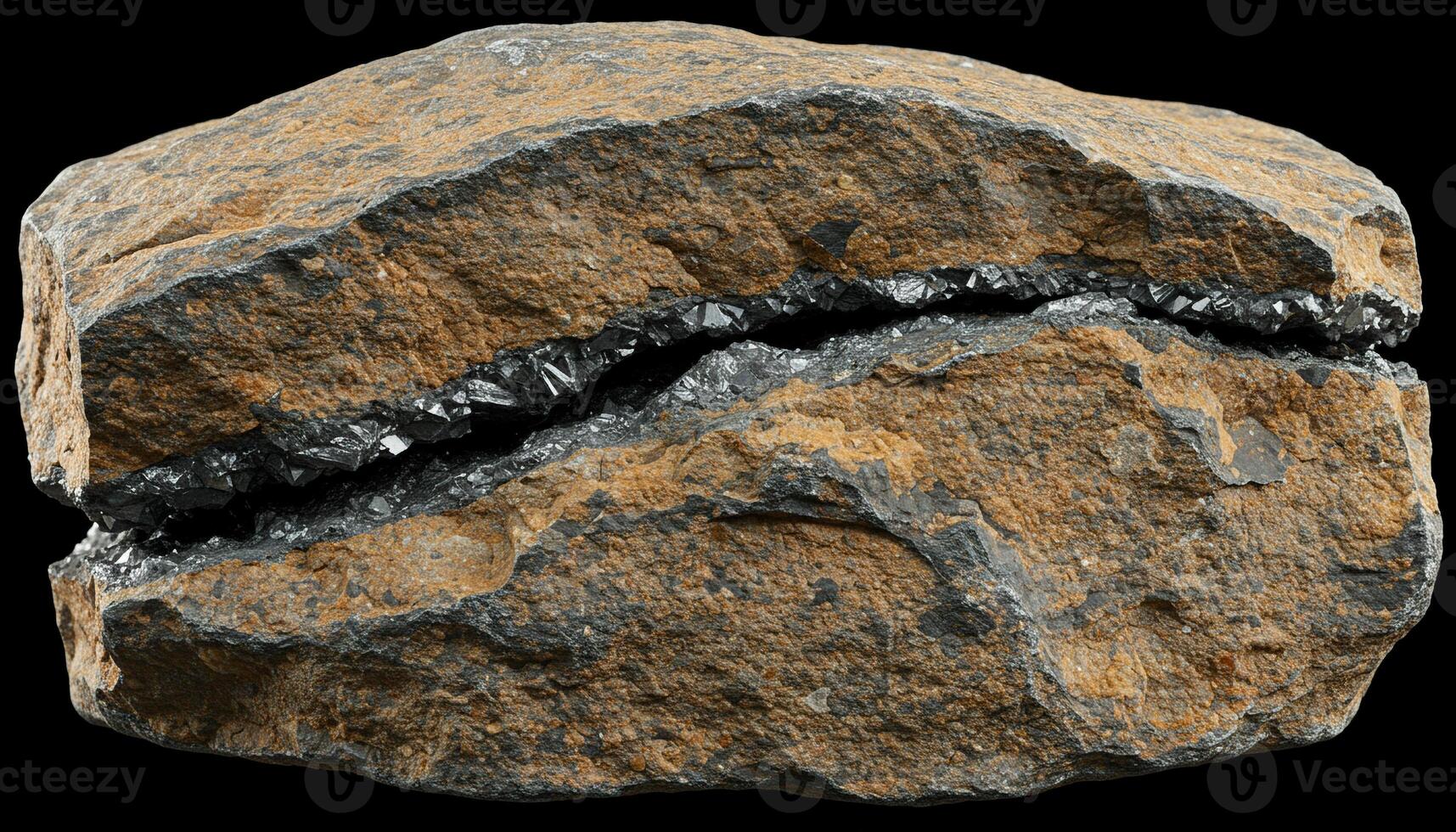 Rock with metallic crystal vein intricate mineral patterns and natural textured surface photo