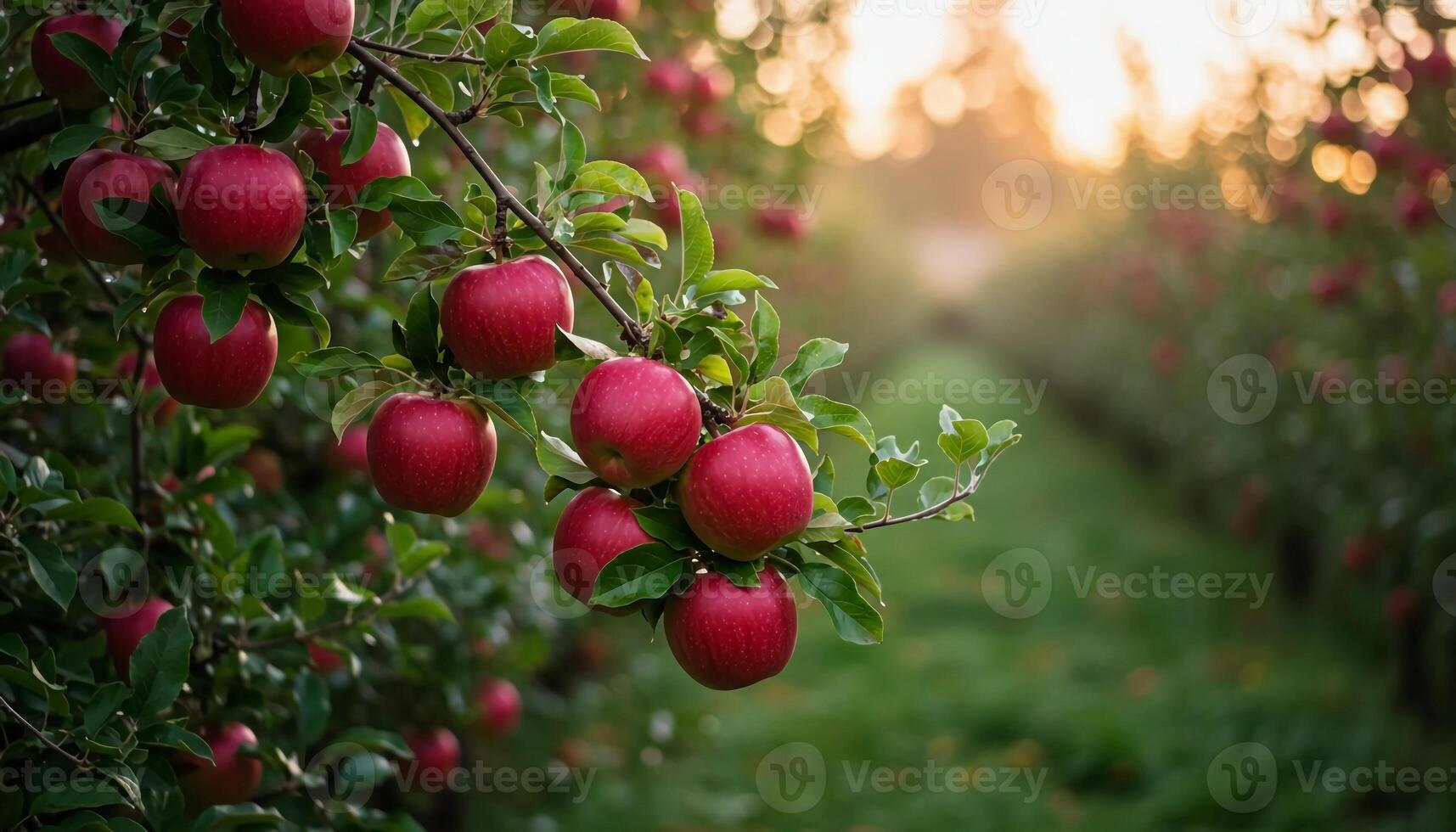 Cluster of fresh red apples on tree branch in orchard with morning sunlight and green grass pathway creating a calm and fruitful countryside atmosphere in autumn harvest season photo