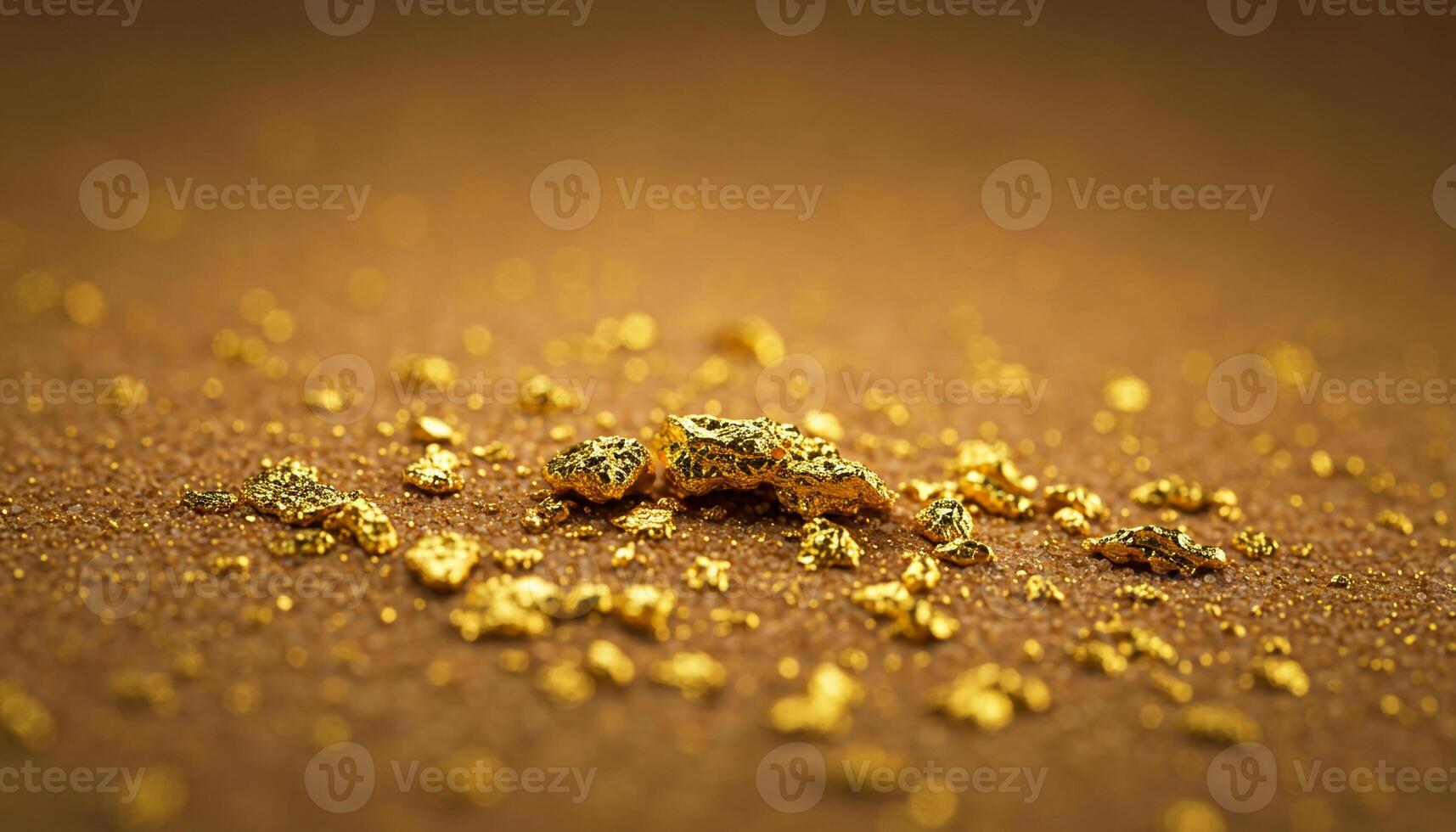 Gold nuggets on textured brown surface with golden particles and natural mineral richness photo