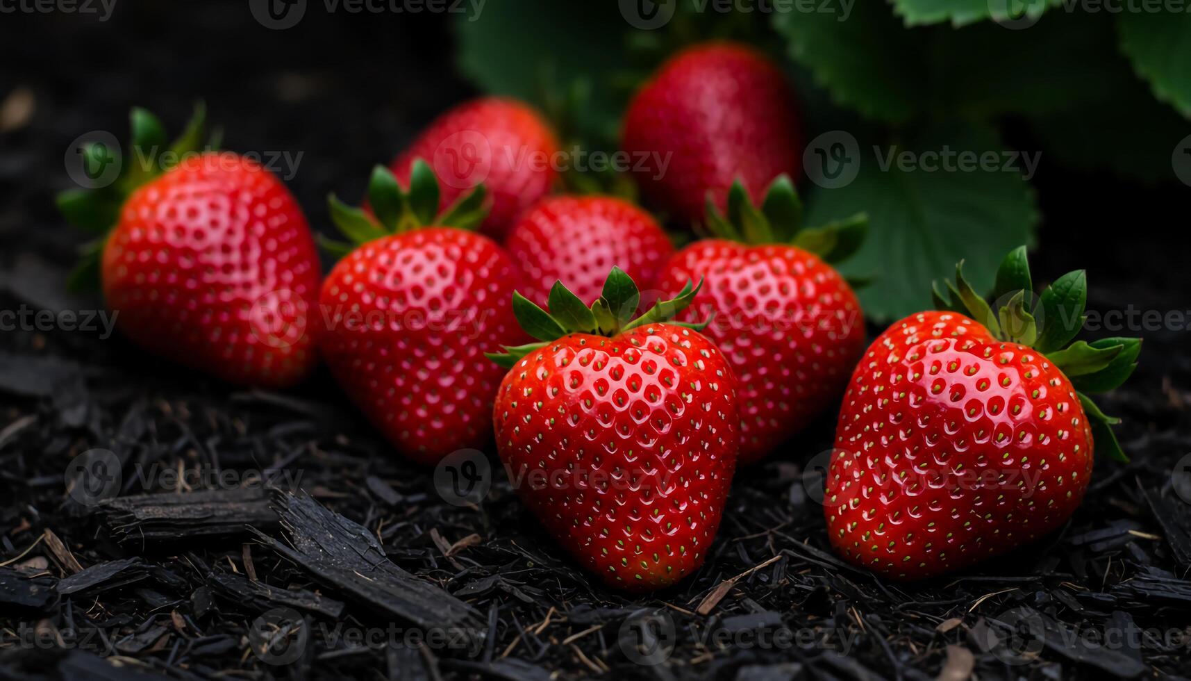 Bright red ripe strawberries resting on soil with green leaves and sunlight enhancing freshness and texture photo