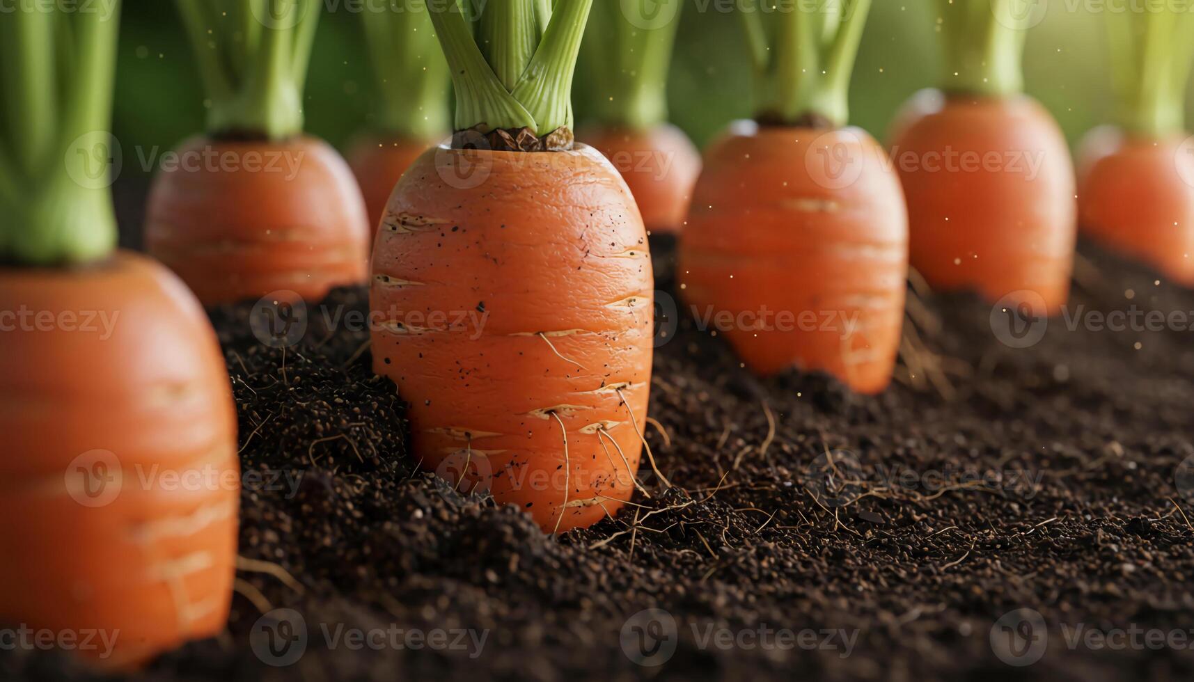 Fresh carrots growing in dark moist soil with green leafy tops creating vibrant agricultural scene photo