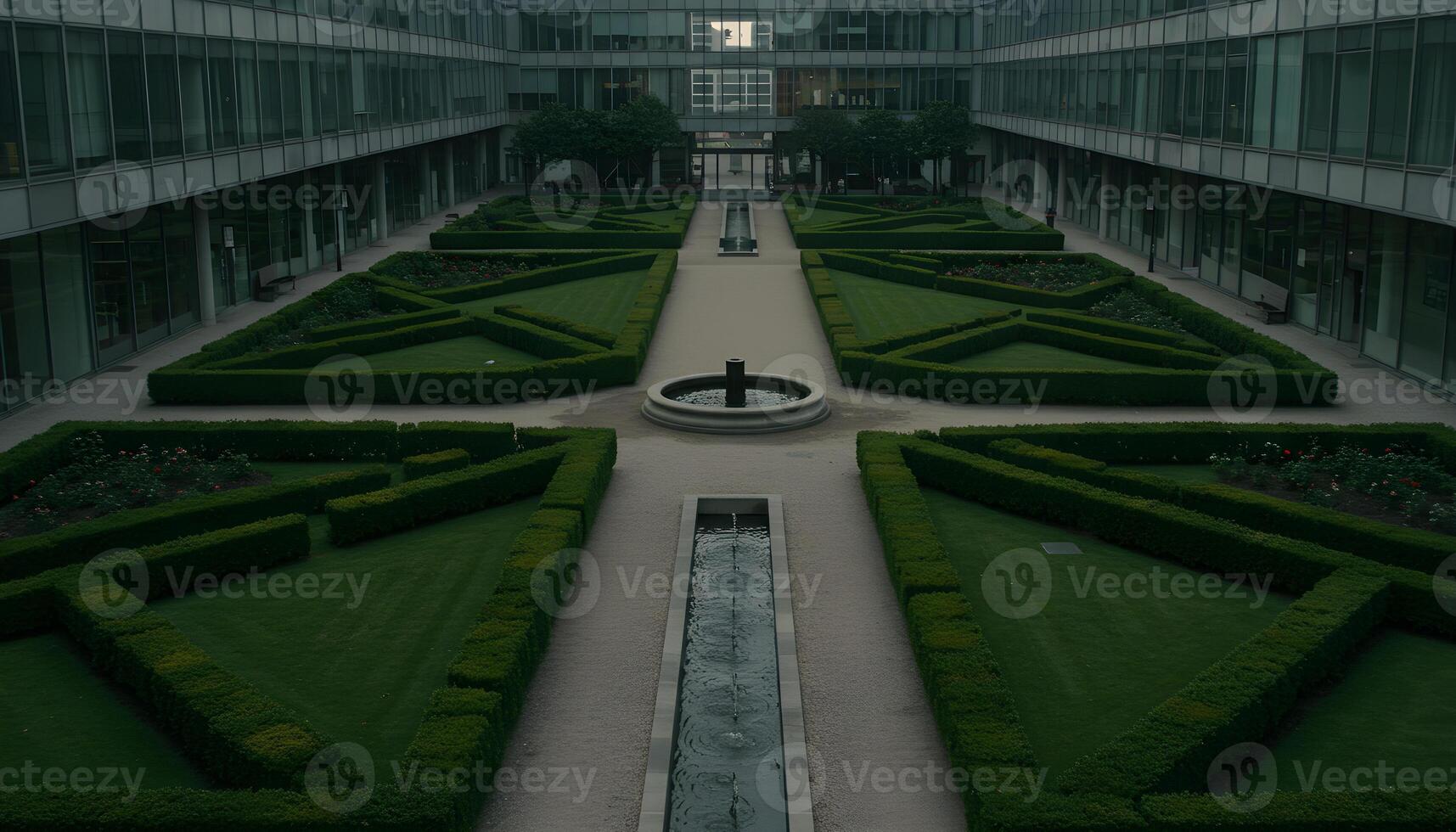 Landscaped garden with trimmed hedges and symmetrical pathways between modern office buildings photo
