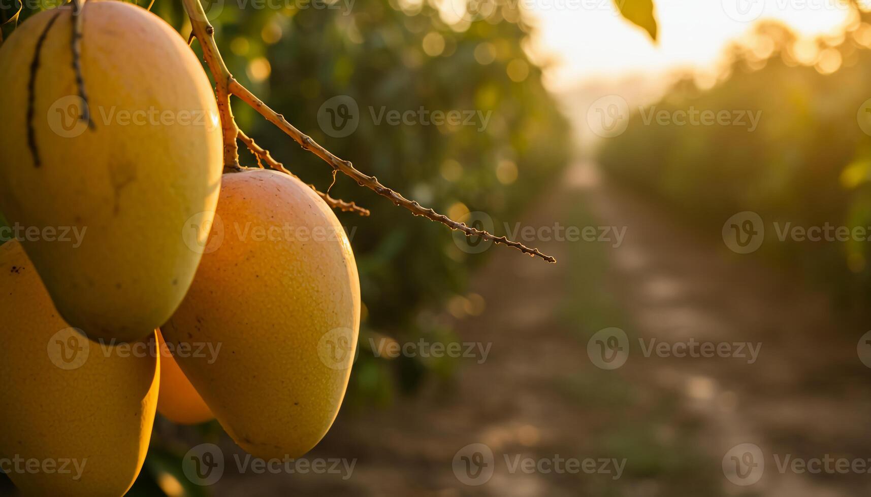 Ripe yellow mangoes hanging from tree surrounded by green leaves and sunlight in tropical orchard photo