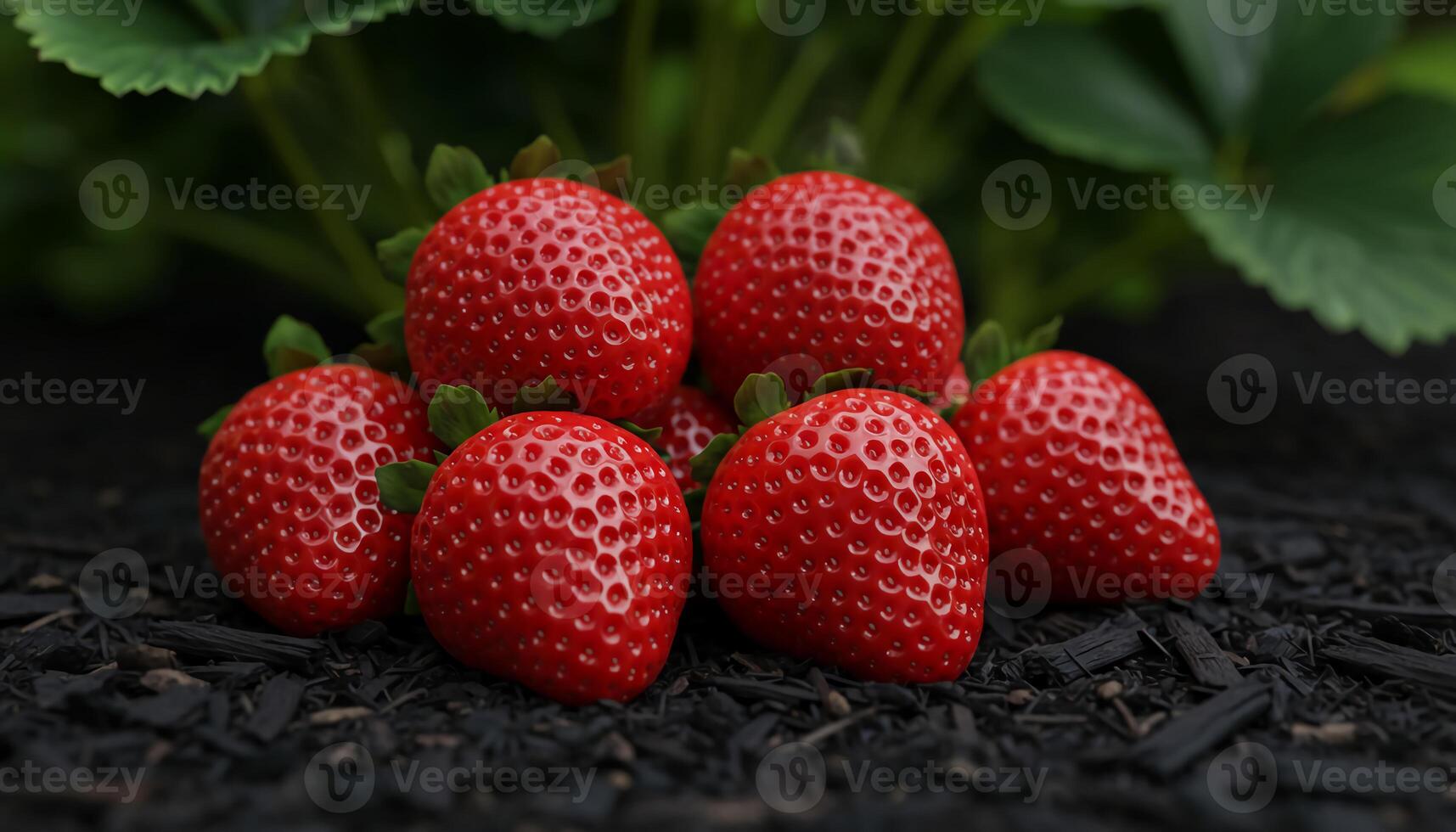 Ripe strawberries resting on soil with green leaves and sunlight highlighting texture and freshness photo