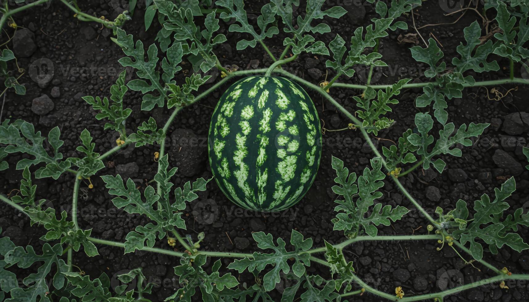 Ripe watermelon with textured dark green rind growing in field surrounded by vines and rich fertile soil photo