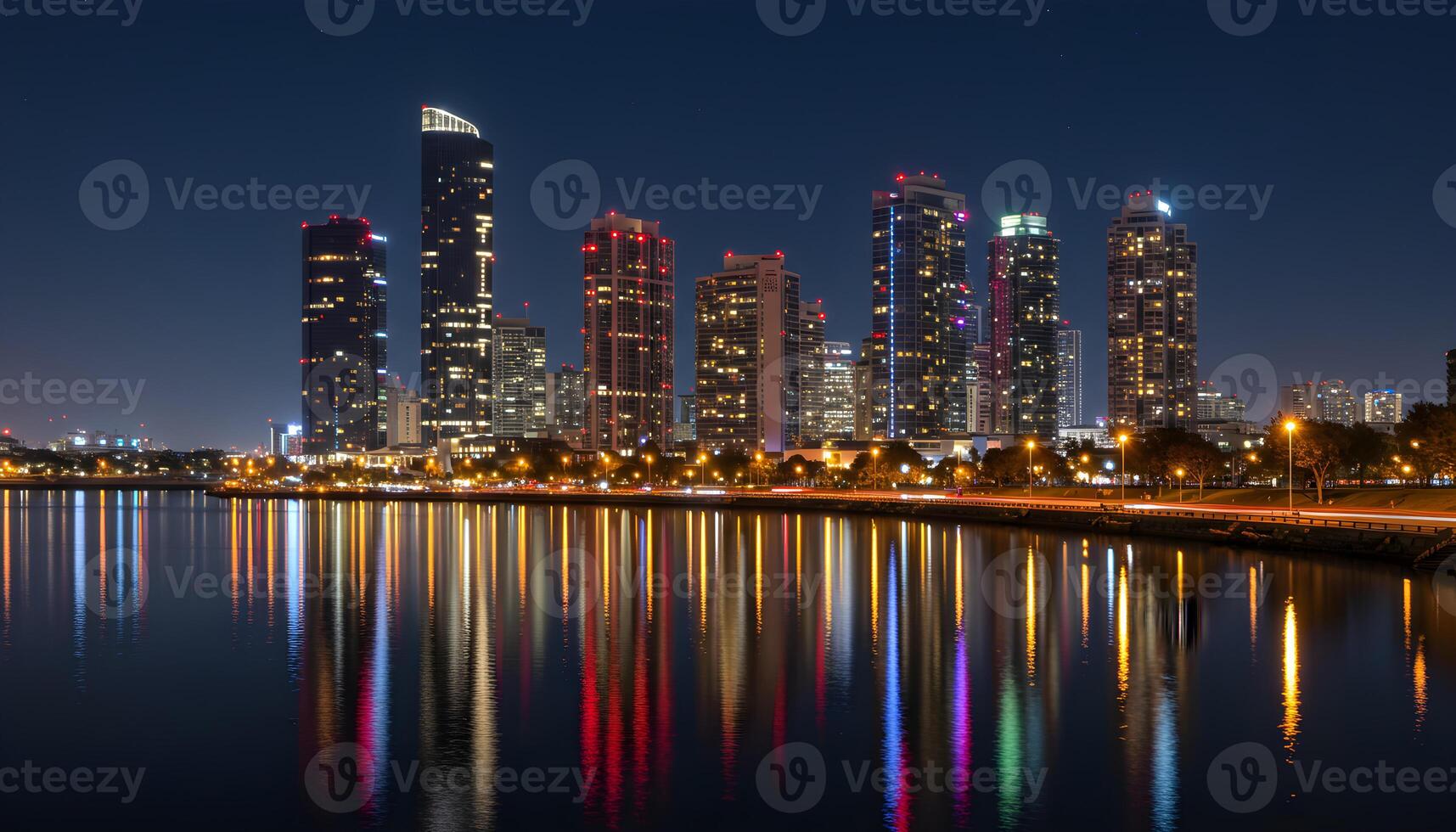 Illuminated buildings reflecting on calm water with vibrant lights in peaceful cityscape at night photo