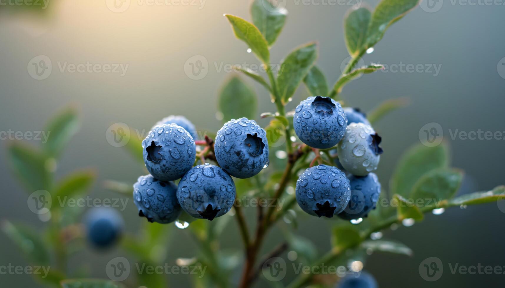 Ripe blueberries with water droplets hanging from bush with green leaves in fresh natural setting photo
