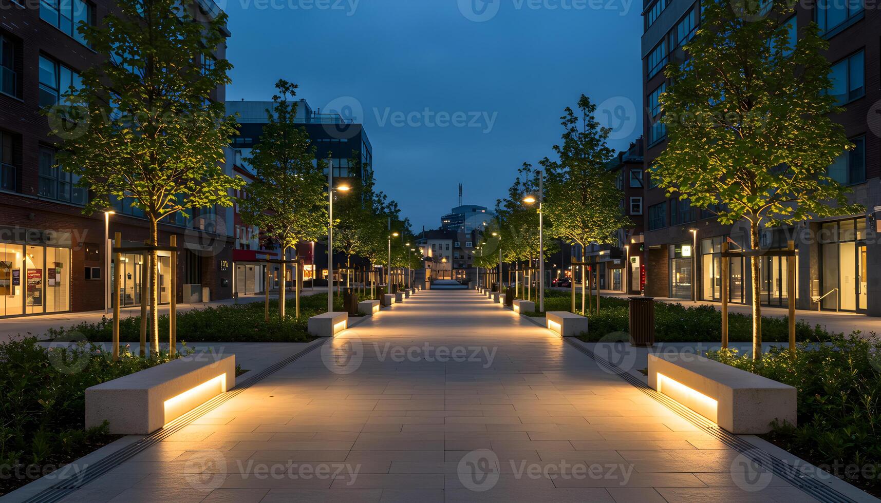 Tree lined pathway illuminated by modern street lamps with benches and lush greenery in tranquil urban park photo