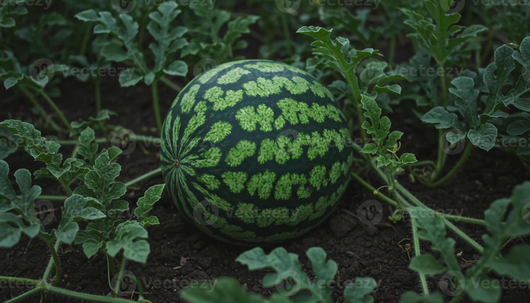 Ripe watermelon growing in field with green vines dark fertile soil and textured vibrant rind photo