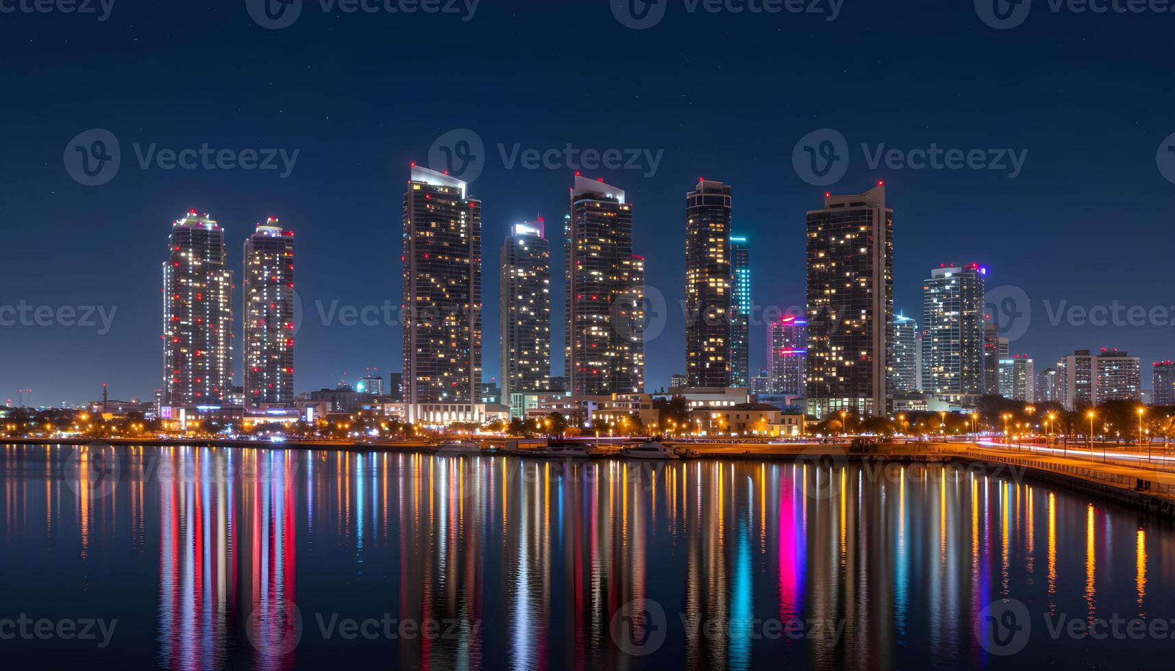 Nighttime cityscape with illuminated buildings reflecting on calm water and colorful vibrant lights photo