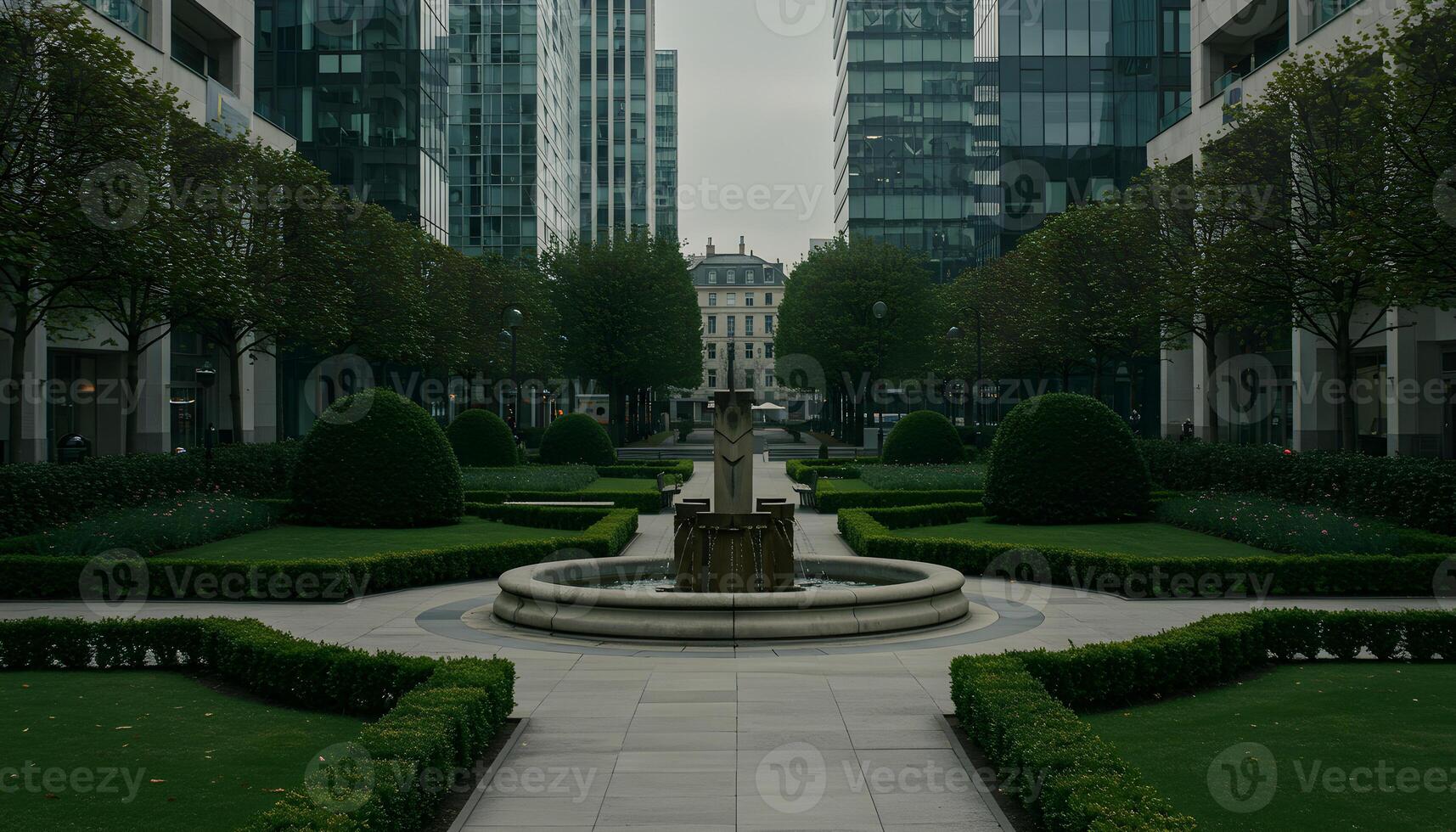 Beautiful landscaped garden with hedges fountain pathways and modern architecture creating serene urban space photo