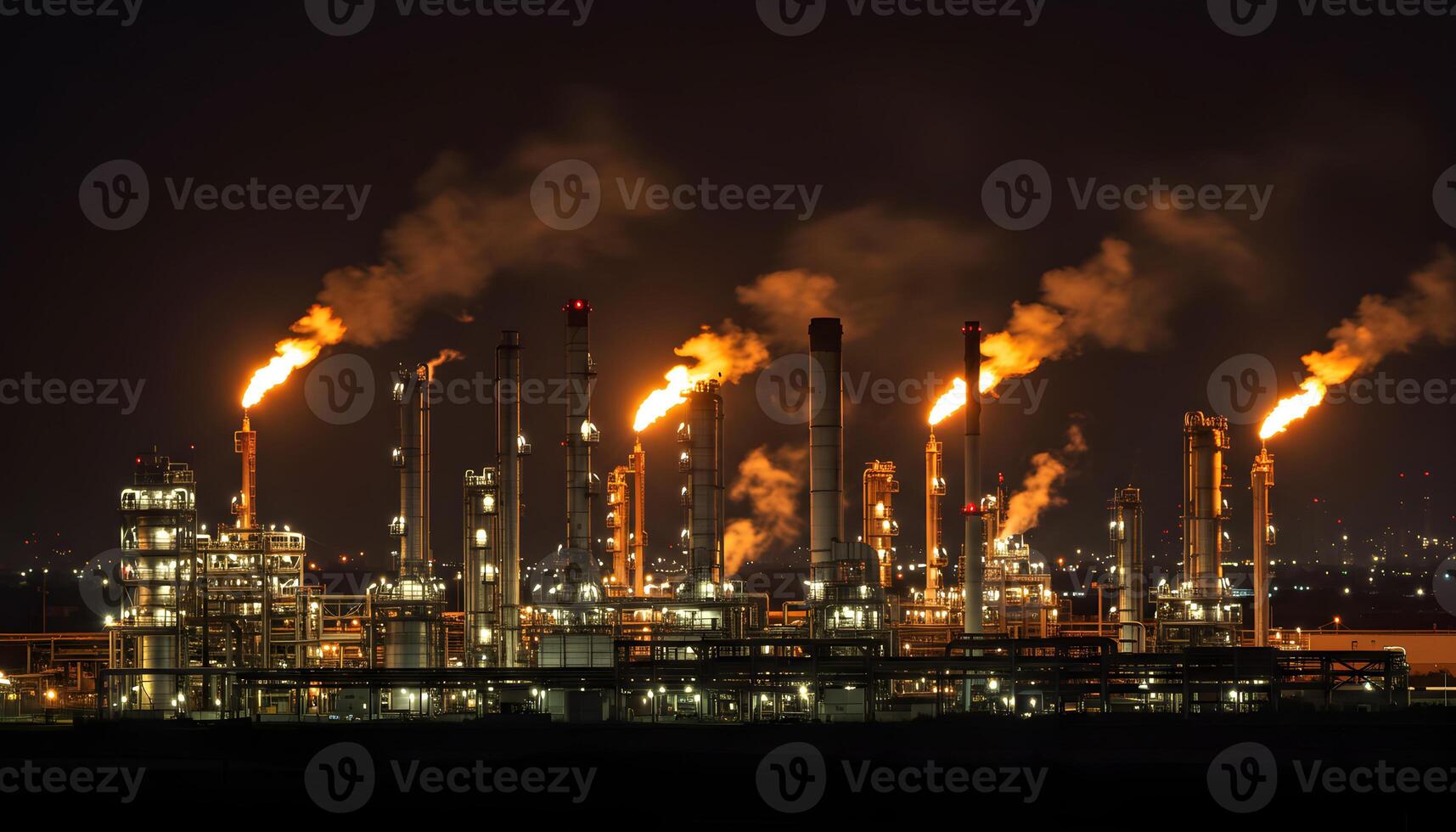 Nighttime industrial refinery with tall chimneys flames smoke and illuminated structures creating contrast photo