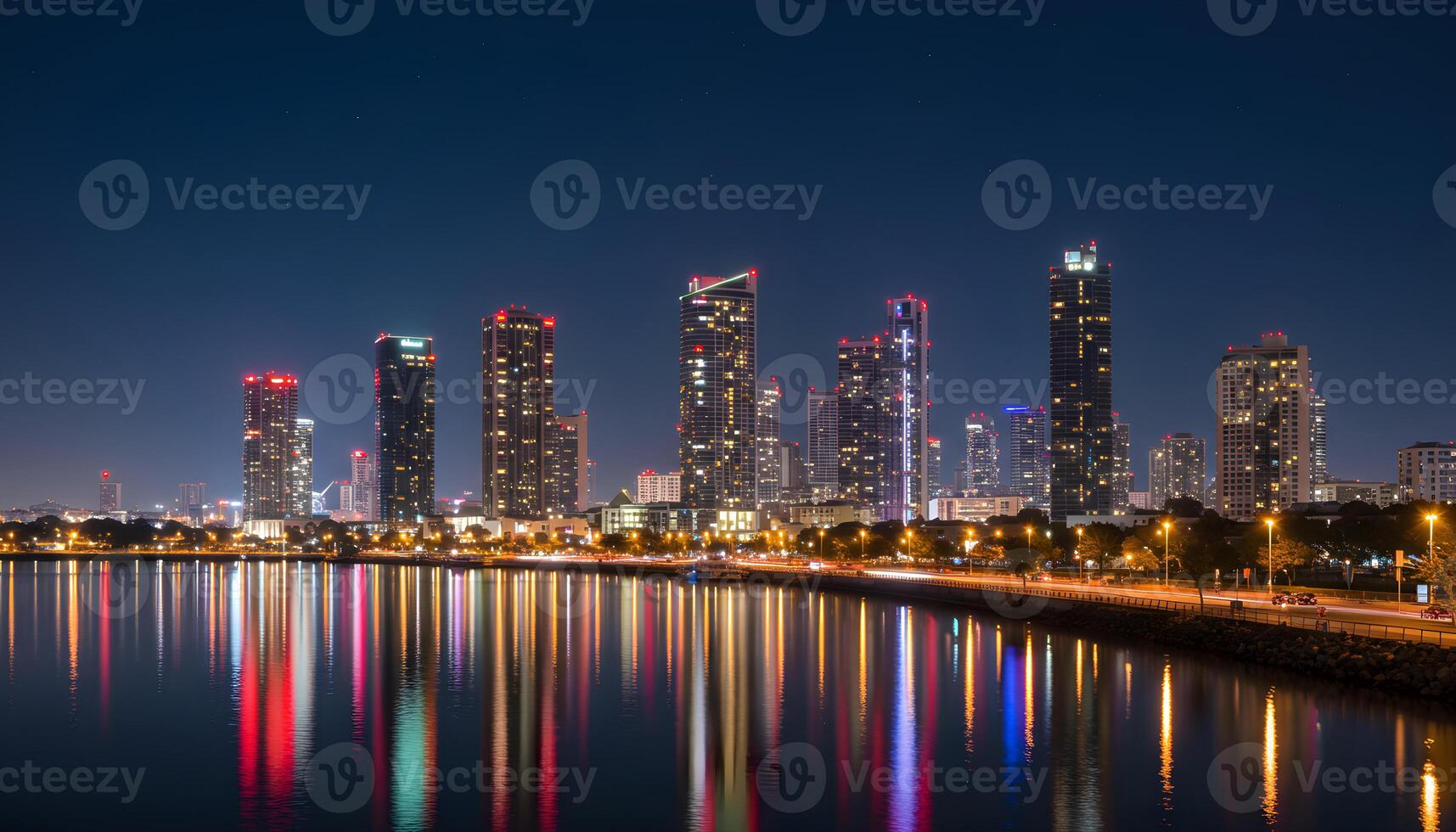 Illuminated buildings with vibrant reflections on calm water surrounded by streetlights in serene urban night scene photo