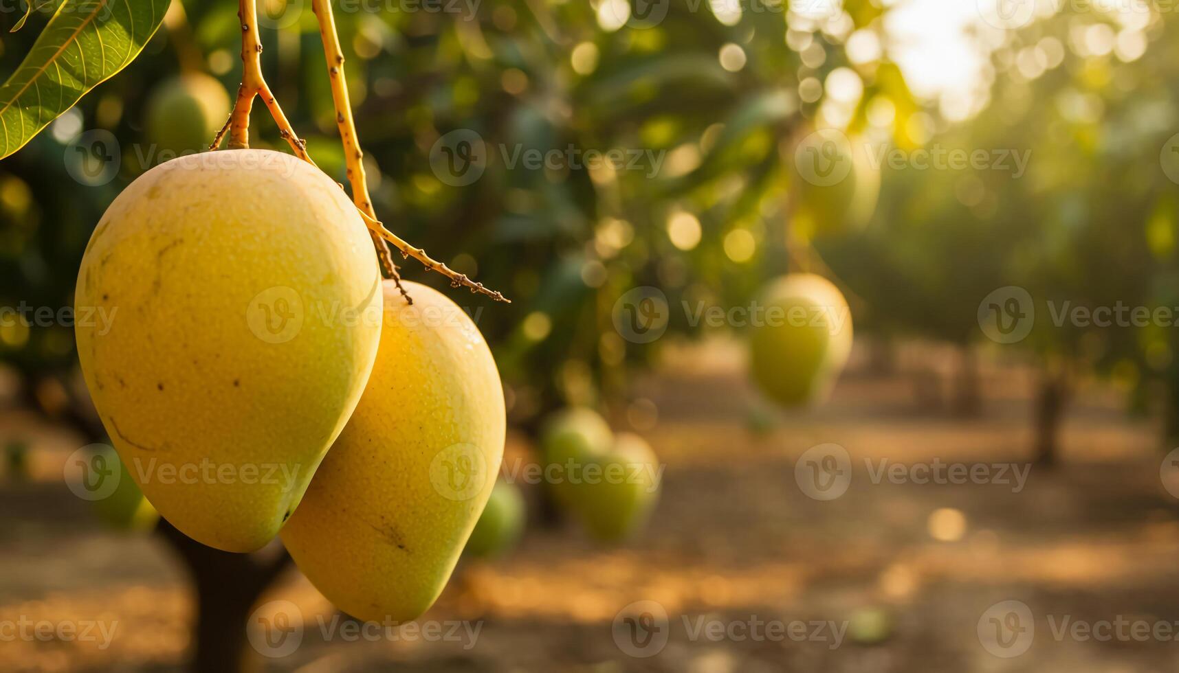 Ripe yellow mangoes hanging from tree with green leaves and sunlight creating fresh tropical scene photo