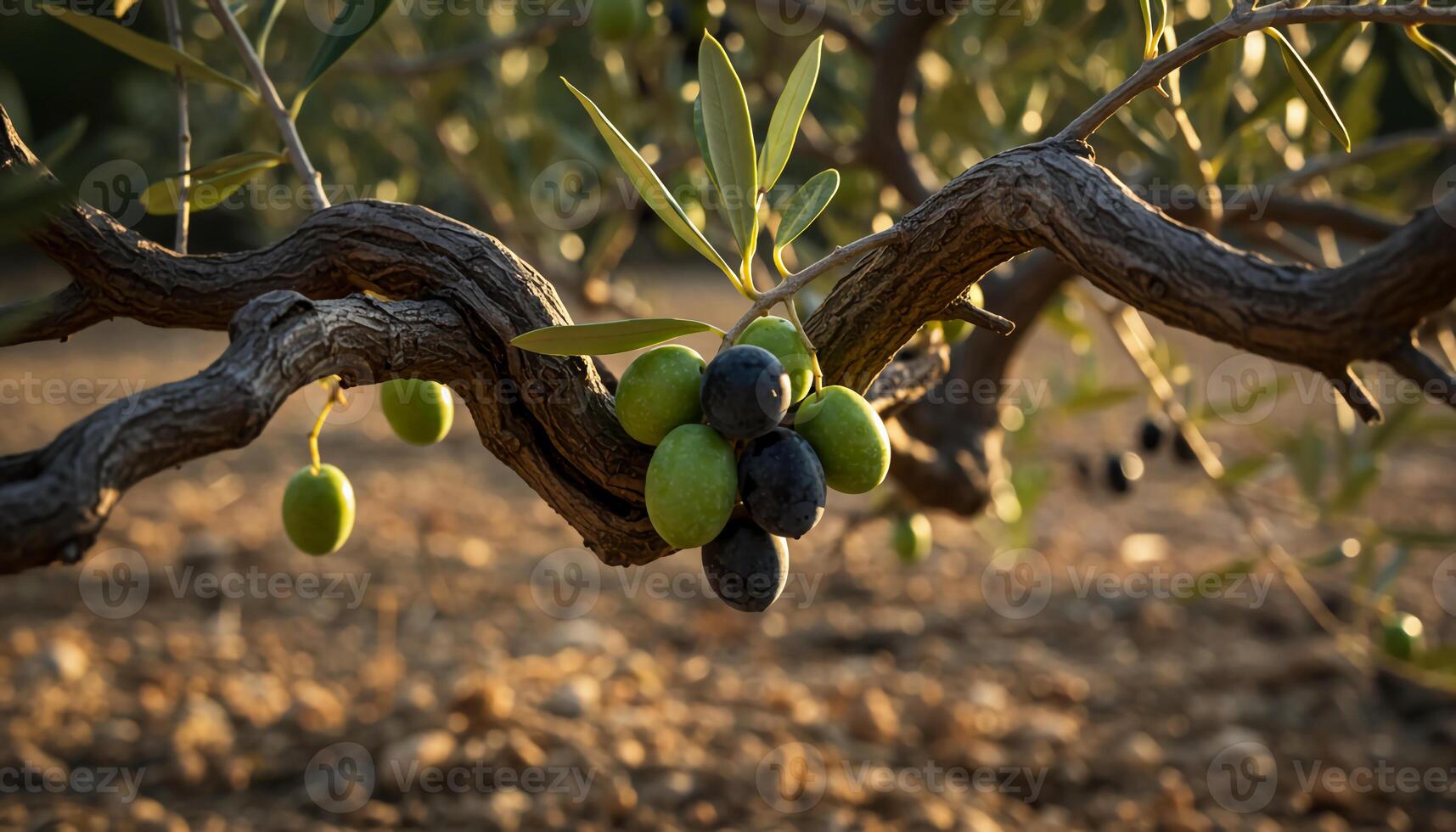 Green and black olives hanging from tree branch with twisted trunk in natural Mediterranean landscape photo