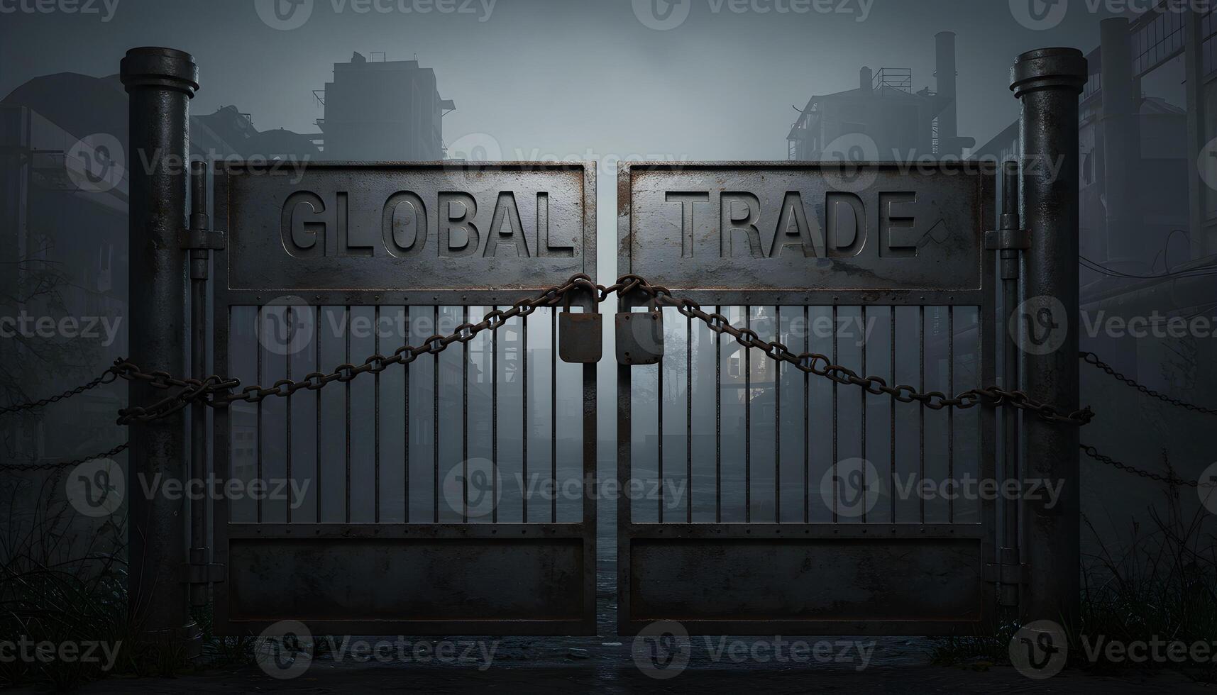 Rusted metal gate with global trade engraving chained and locked in industrial setting with foggy atmosphere photo