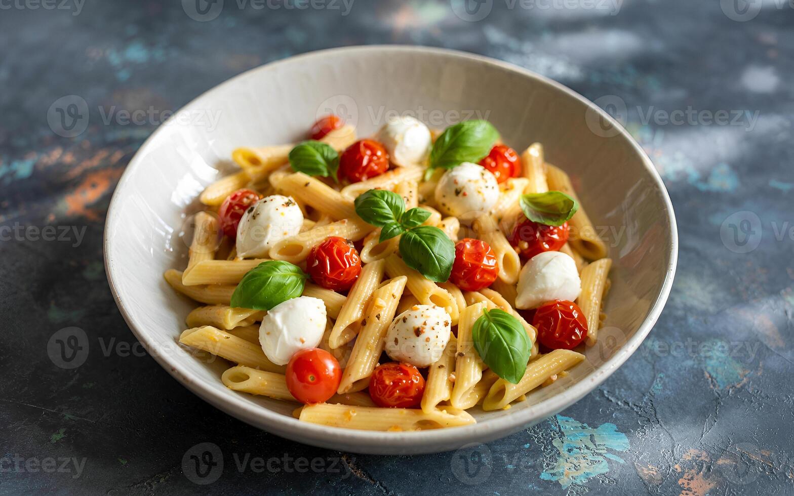 Delicious penne pasta salad with fresh mozzarella cherry tomatoes and basil in a bowl Soft lighting photo