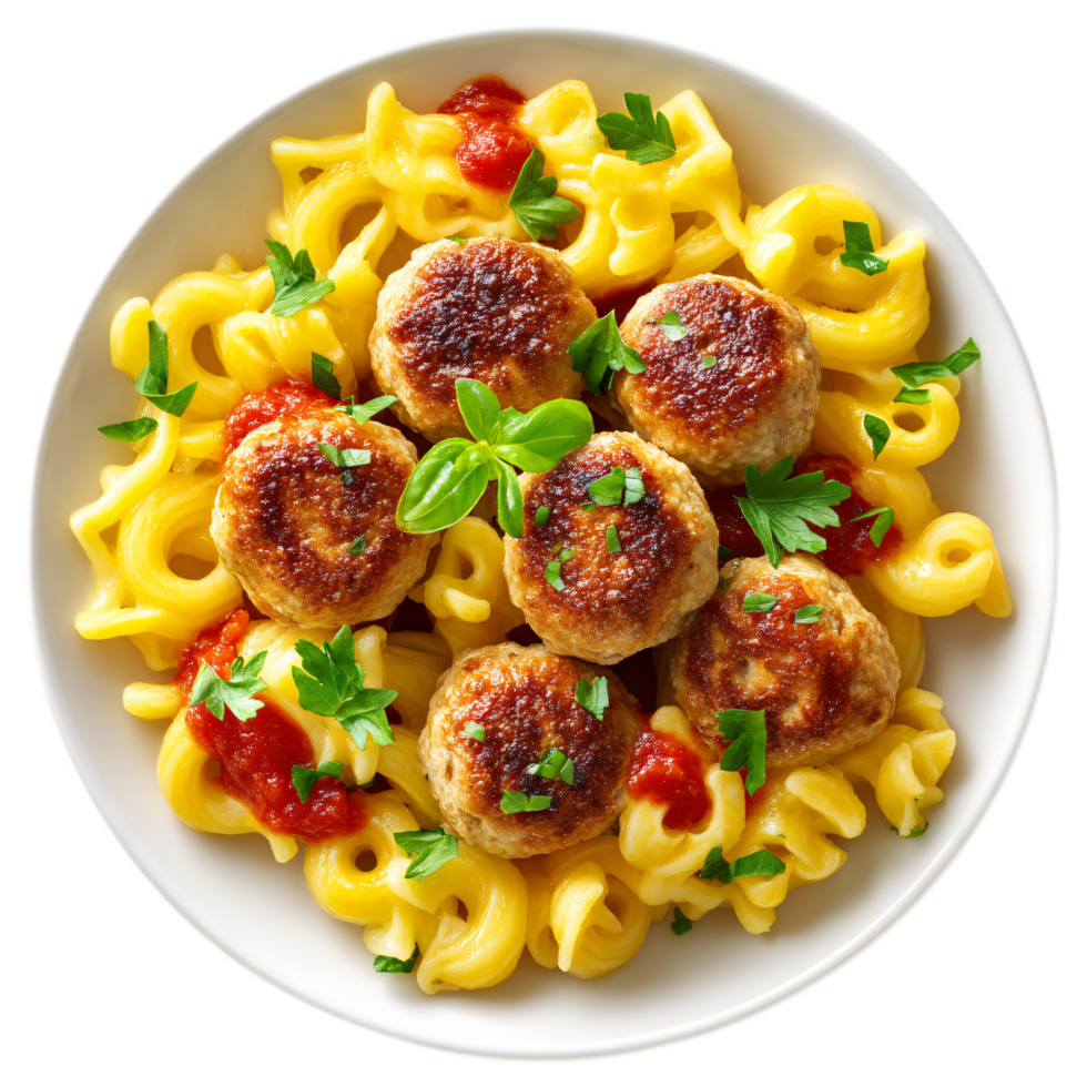 Delicious Bowl of Pasta with Meatballs Garnished with Fresh Herbs and Sauce png