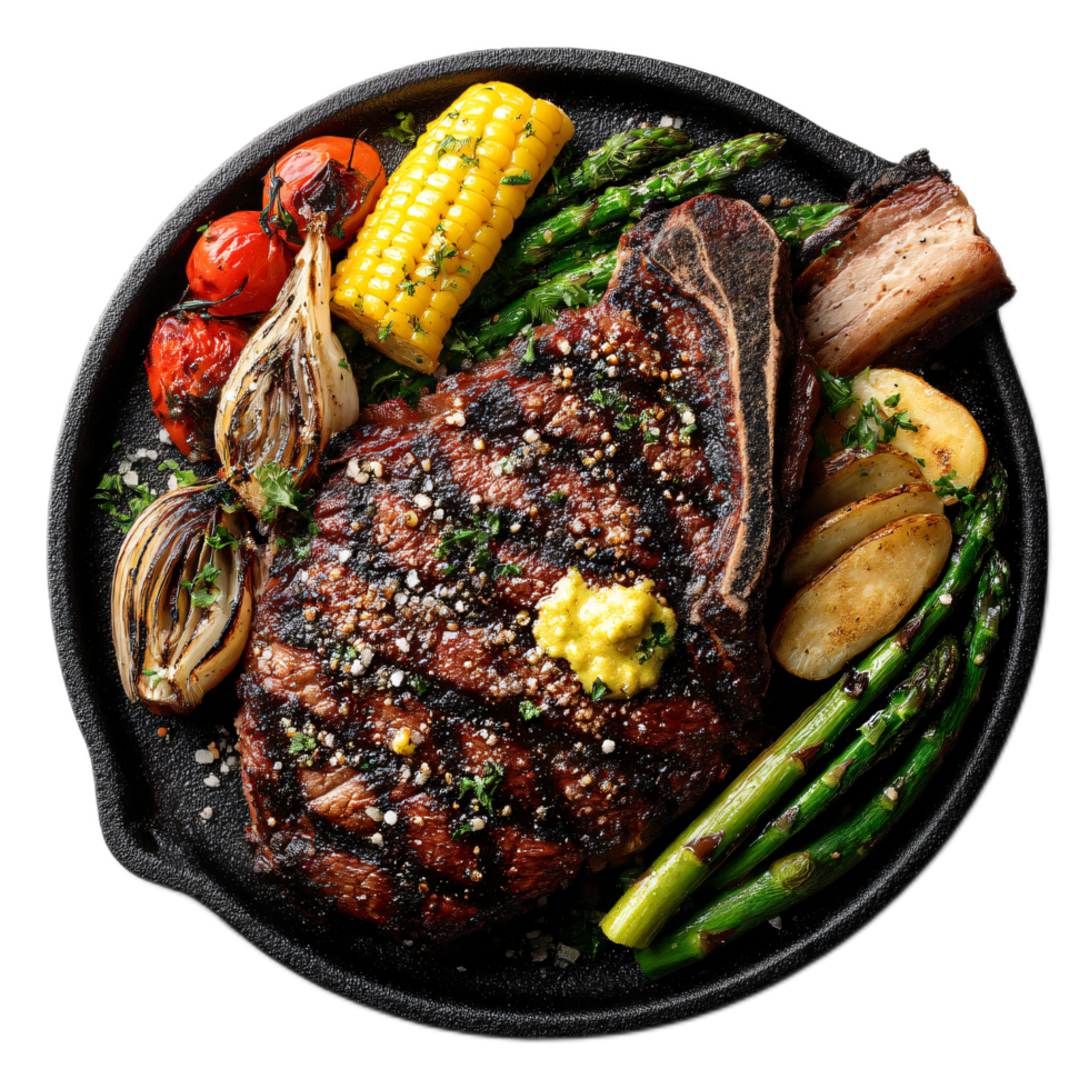 Grilled steak with vegetables on a sizzling plate, perfect for culinary presentation png