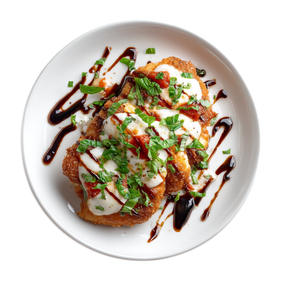 Deliciously Plated Chicken Cutlet with Mozzarella, Basil, and Balsamic Drizzle png