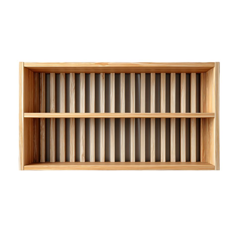 Simple Wooden Shelf with Vertical Slats Displaying Natural Texture and Design Appeal png