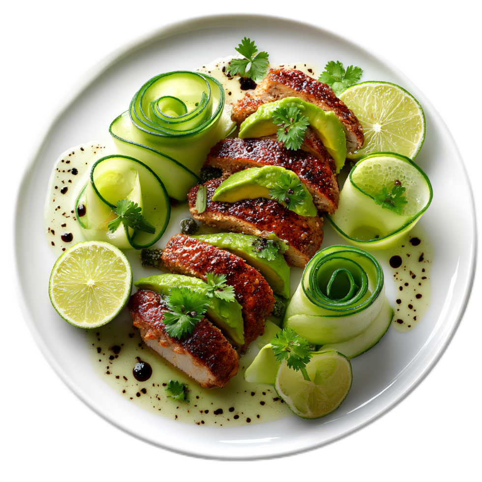 Gourmet Chicken Dish with Fresh Vegetables and Herbs on Elegant White Plate png