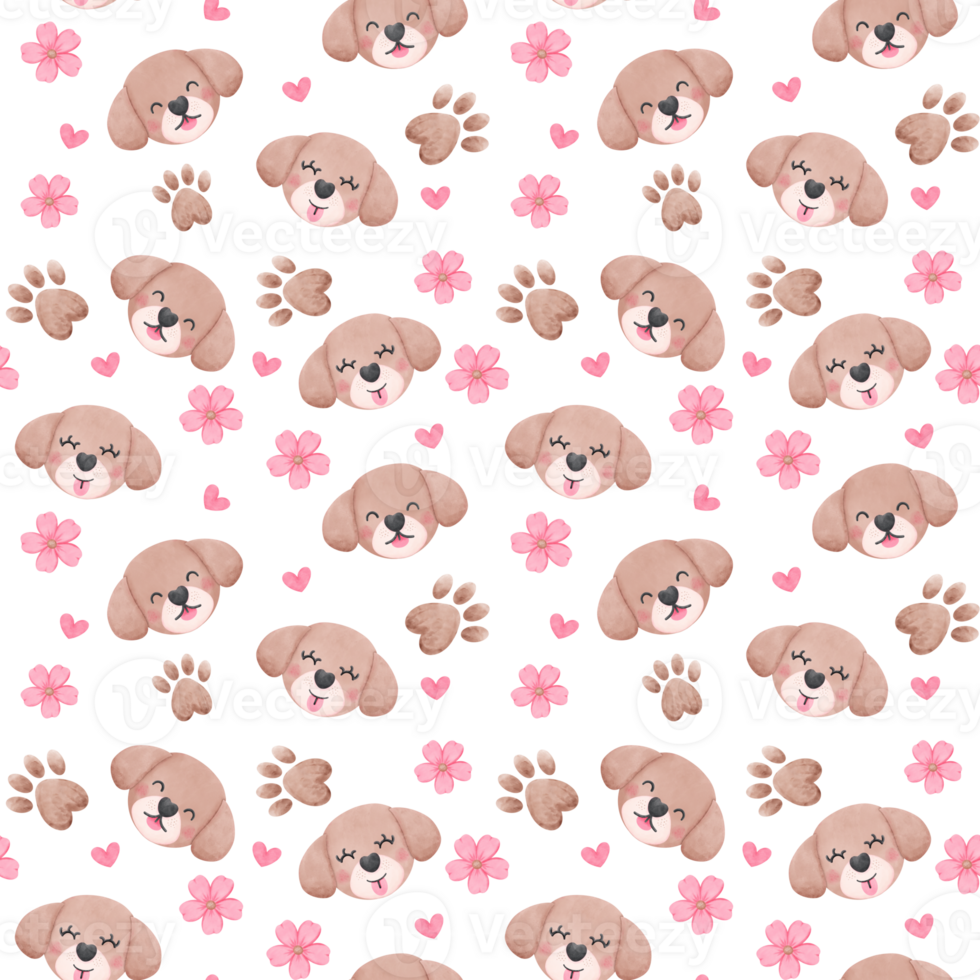 Seamless Pattern Shih Tzu Dog Cartoon in Watercolor with Paw Prints, flower and heart png
