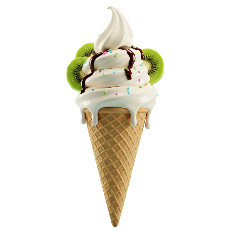 An ice cream cone with kiwi and chocolate png