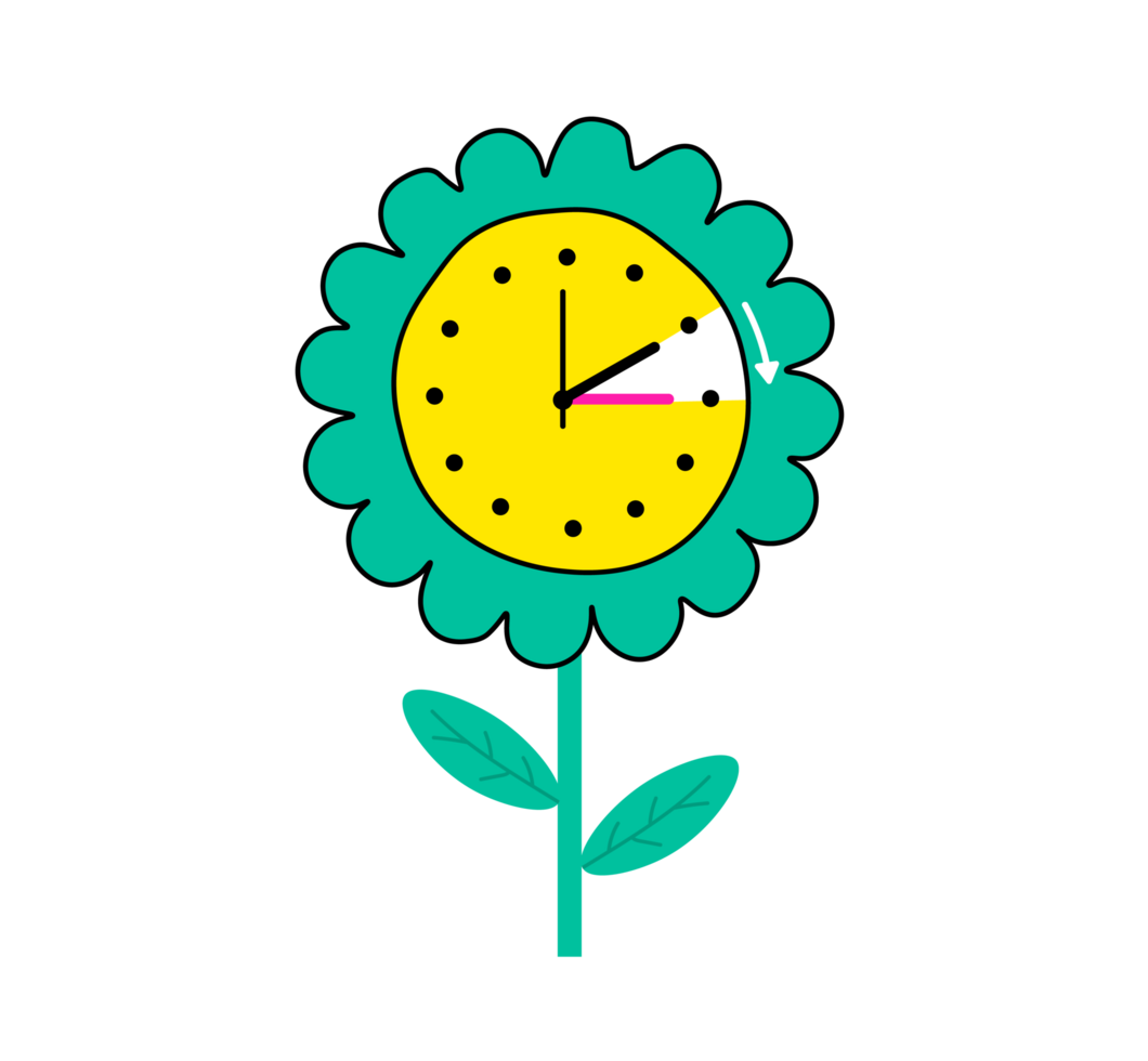 Sunflower Clock Illustration Floral Timepiece, Whimsical Design Unique clock shaped like a sunflower. Transparent background. spring forward clock. png