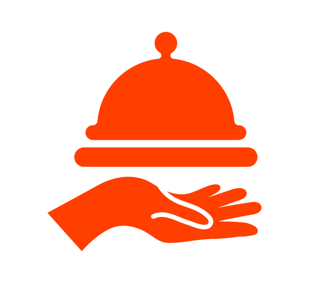 Hand Holding Covered Food Tray Illustration. Service Icon - Simple and vibrant illustration of a hand presenting a covered food tray. Transparent background. png
