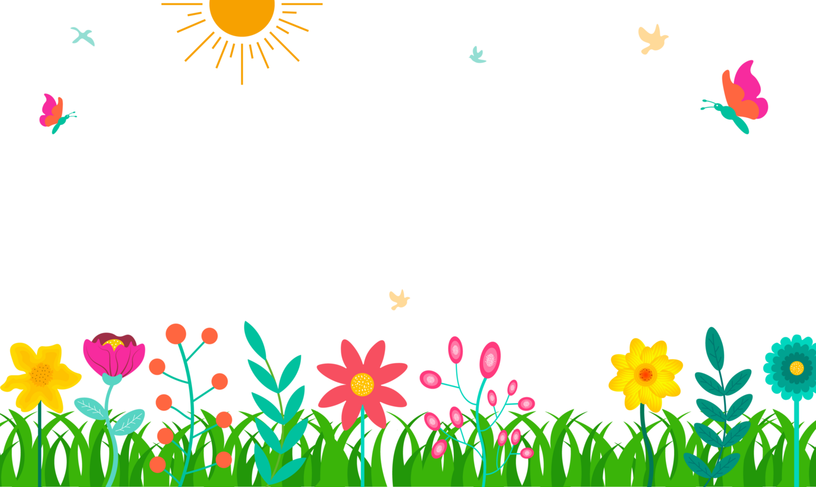 Spring Meadow Illustration. Flowers, Grass, Sun, Butterflies - Cheerful illustration of a spring meadow with colorful flowers, green grass, sun, and butterflies. Transparent background. png
