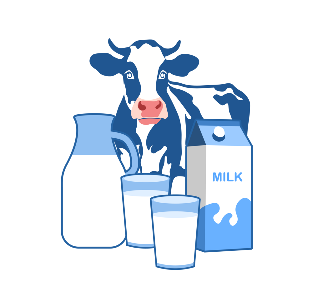 Milk and Cow Illustration. Dairy Products - Cheerful illustration of a Holstein cow with a milk carton, jug, and two glasses of milk. Transparent background. png
