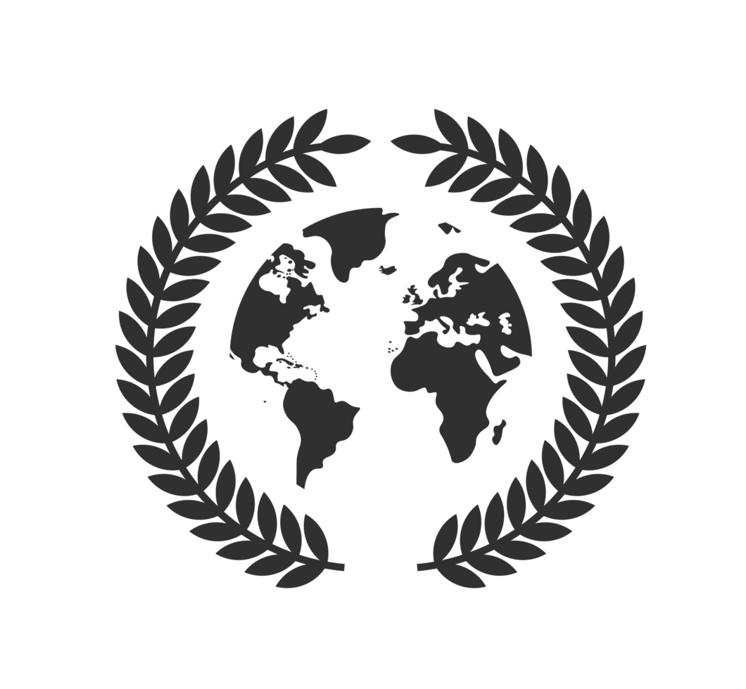 World Globe in Laurel Wreath Illustration. Global Achievement, Recognition Symbolic design for international success and honor. Transparent background. png