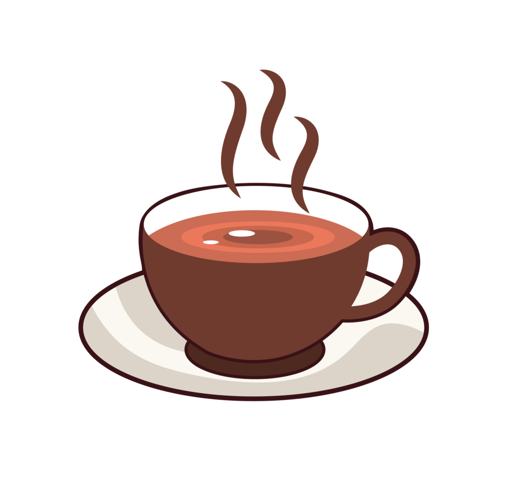 Steaming Coffee Cup on Saucer Illustration. Simple Drink Icon - Clean and basic illustration of a brown coffee cup with steaming vapor on a white saucer. Transparent background. png