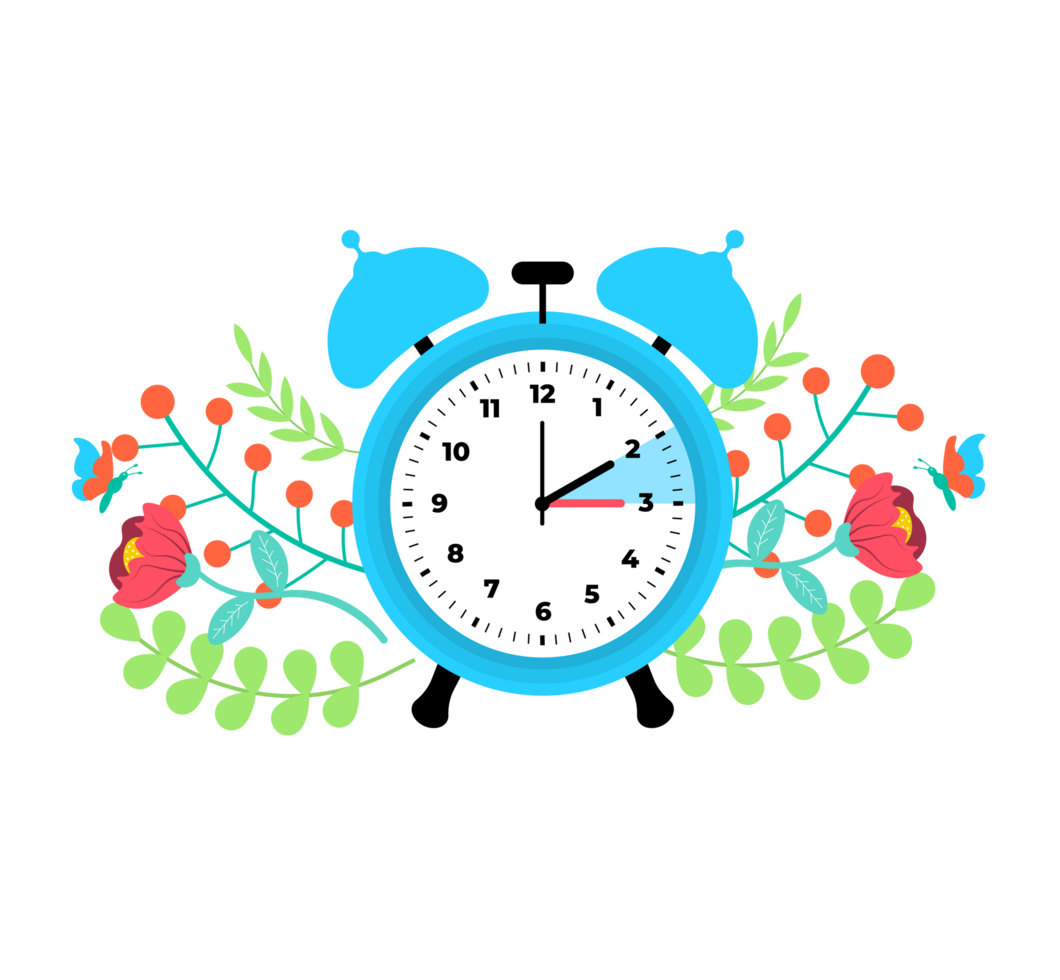 Spring forward Alarm Clock Illustration Floral Decoration, Time Theme - Cheerful blue alarm clock surrounded by spring flowers and leaves. Transparent background. png