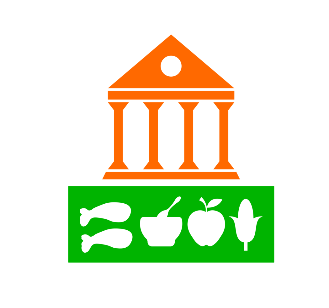 Nutrition and Health Institute Icon. Building, Food Symbols -Symbolic illustration of a building with food icons fish, bowl, apple, corn on a green banner. Transparent background. png