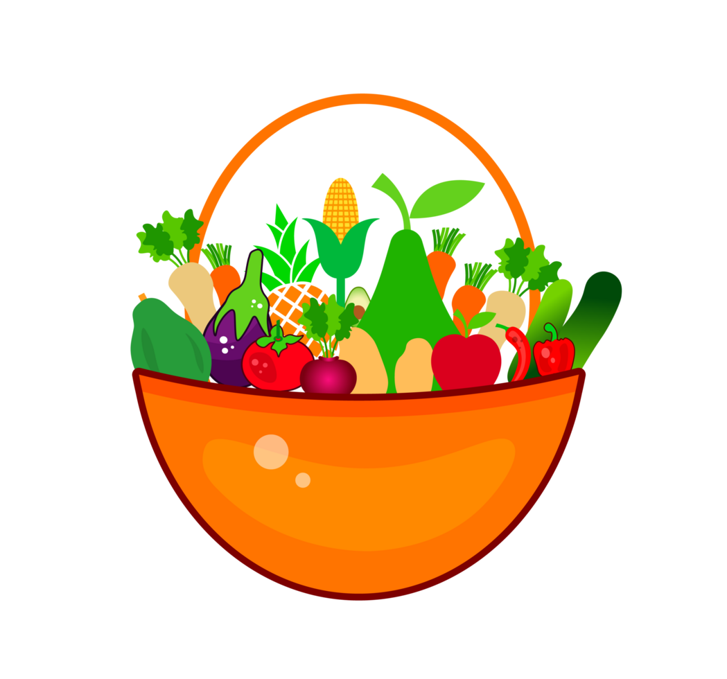 Basket of Fruits and Vegetables Illustration. Healthy Food - Colorful illustration of a basket overflowing with various fruits and vegetables. Transparent background. png