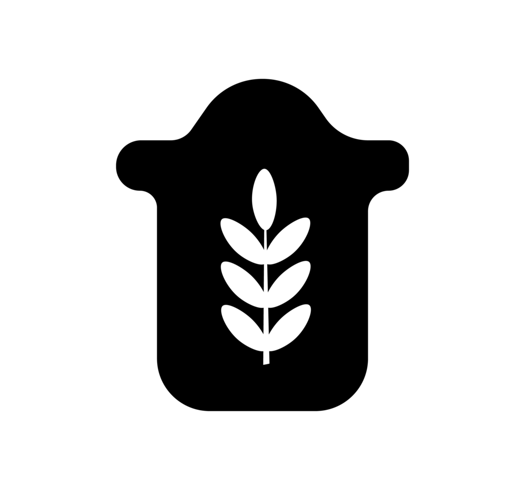 Black Flour Bag with Wheat Illustration. Baking Ingredient Icon - Simple black illustration of a bag of flour with a white wheat stalk on it. Transparent background. png
