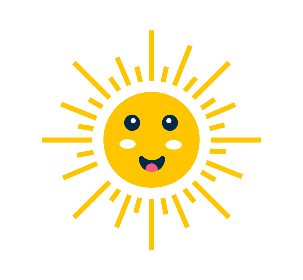 Smiling Sun with Rays Illustration. Happy Sunshine, Bright Weather Cheerful sun design with radiating rays. Transparent background. png