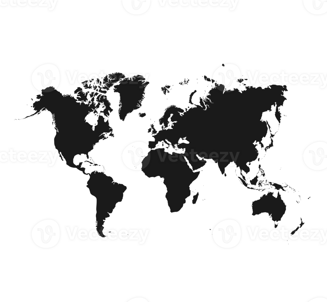 Black World Map illustration. Detailed Global Outline - Ideal for design projects, educational use, and presentations. High-quality world map with a transparent background. png