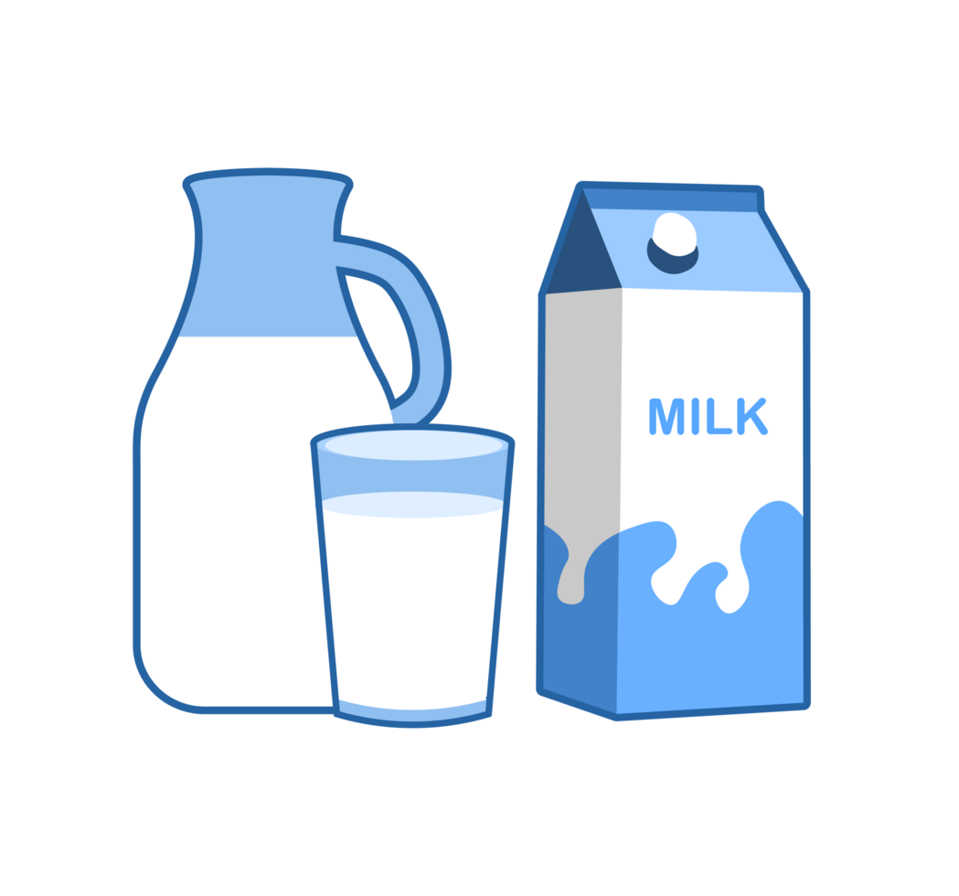 Milk Set Illustration. Carton, Jug, and Glass - Clean and simple illustration of a milk carton, a jug of milk, and a glass of milk. Transparent background. png