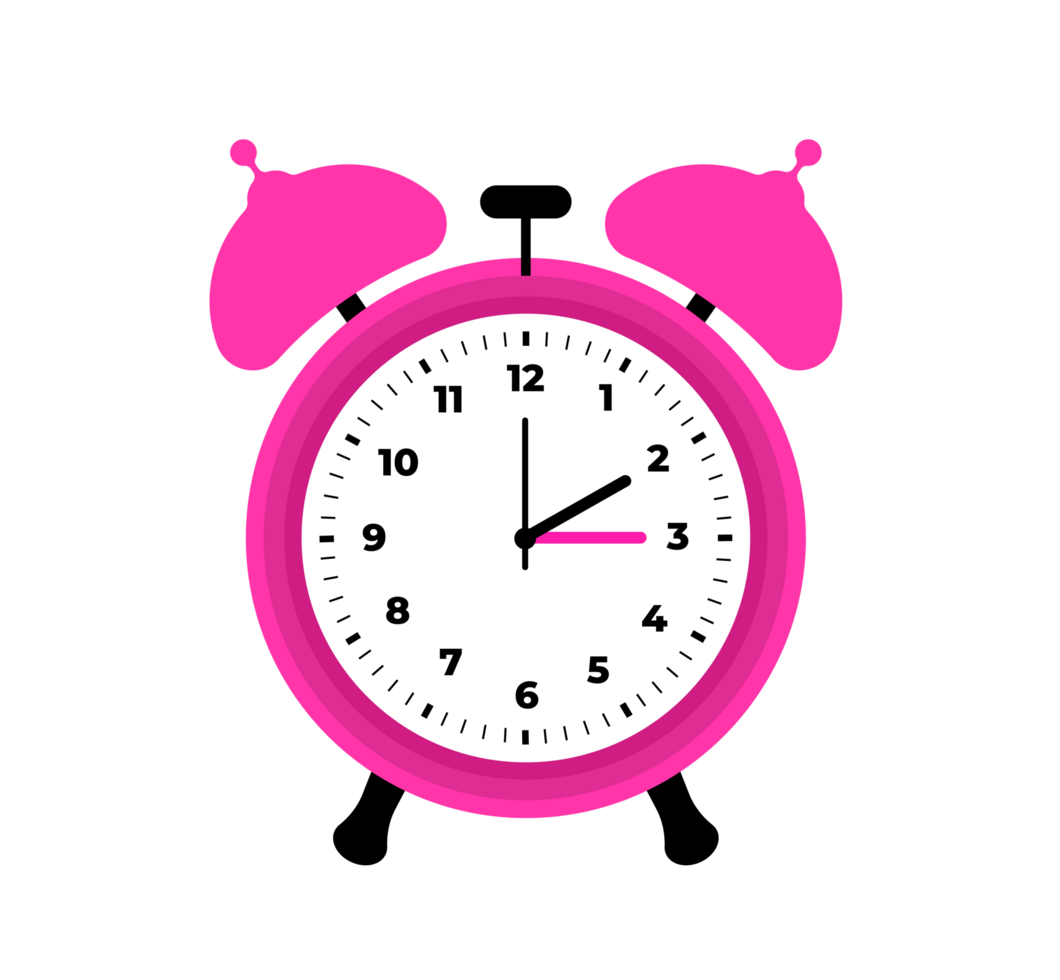 Pink Alarm Clock Illustration Time Reminder, Wake Up Call Classic alarm clock design showing a specific time. Transparent background. png