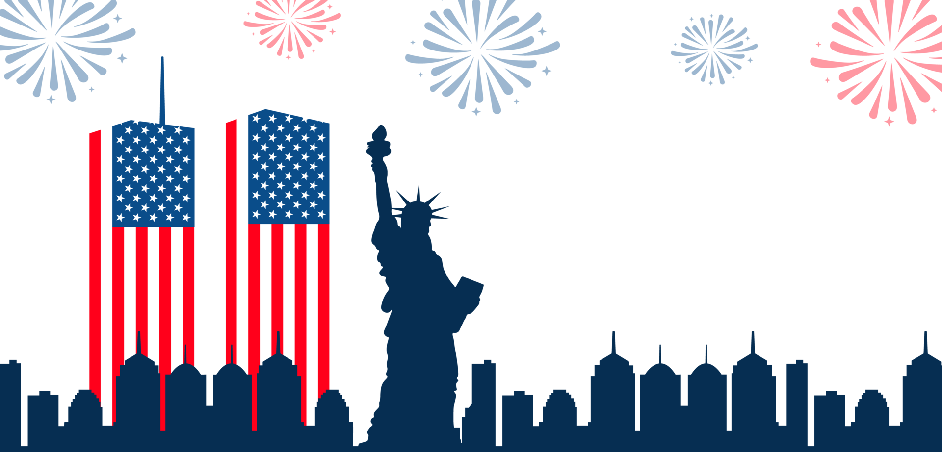 NYC Skyline with Statue of Liberty and WTC Memorial. 4of july usa building with fireworks. usa flag with usa building. twin tower with usa flag png