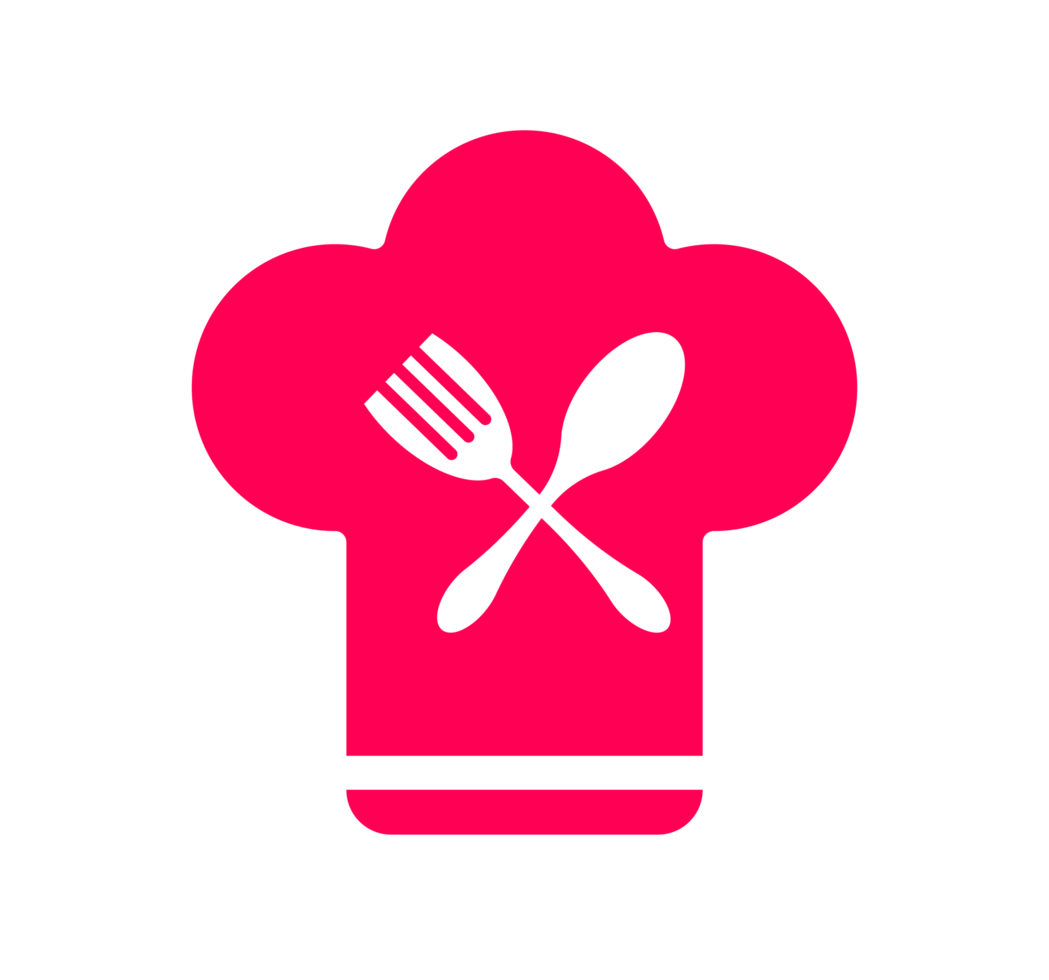 Pink Chef Hat with Crossed Fork and Spoon. Culinary Icon - Simple and vibrant illustration of a pink chef hat with a white crossed fork and spoon. Transparent background. png