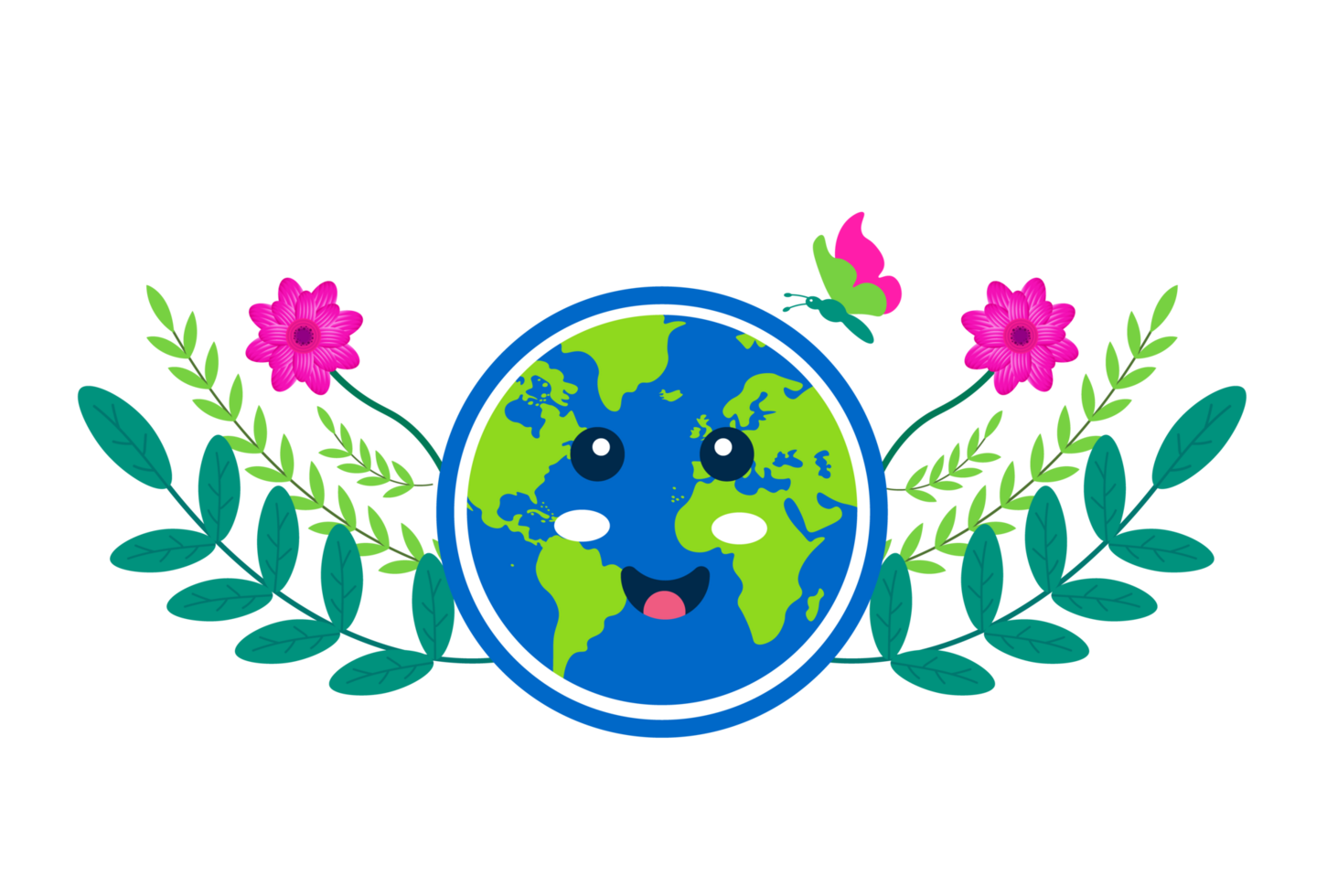 Happy Earth with Flowers and Butterfly Illustration Blooming Planet, Nature - Cheerful Earth Day or environmental theme. Transparent background. png