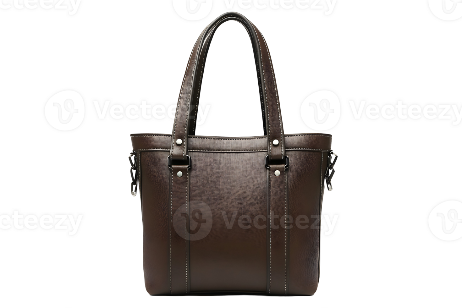 Brown leather tote bag with handles and silver hardware, centered against a transparent background png