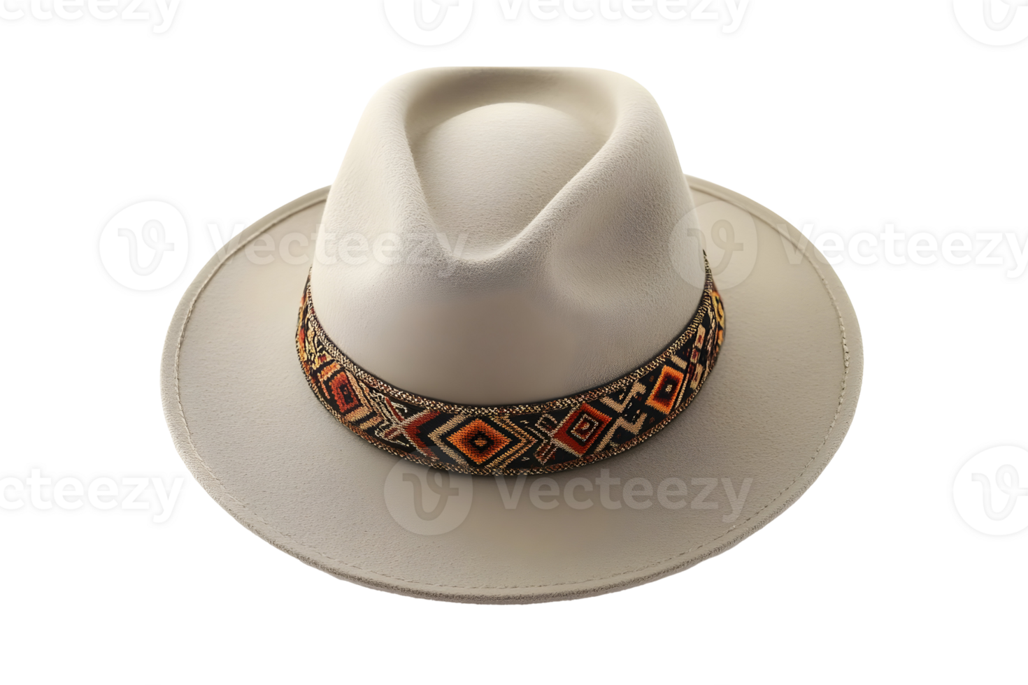 Stylish, off-white hat with a patterned band sits centered on a transparent background, softly lit png