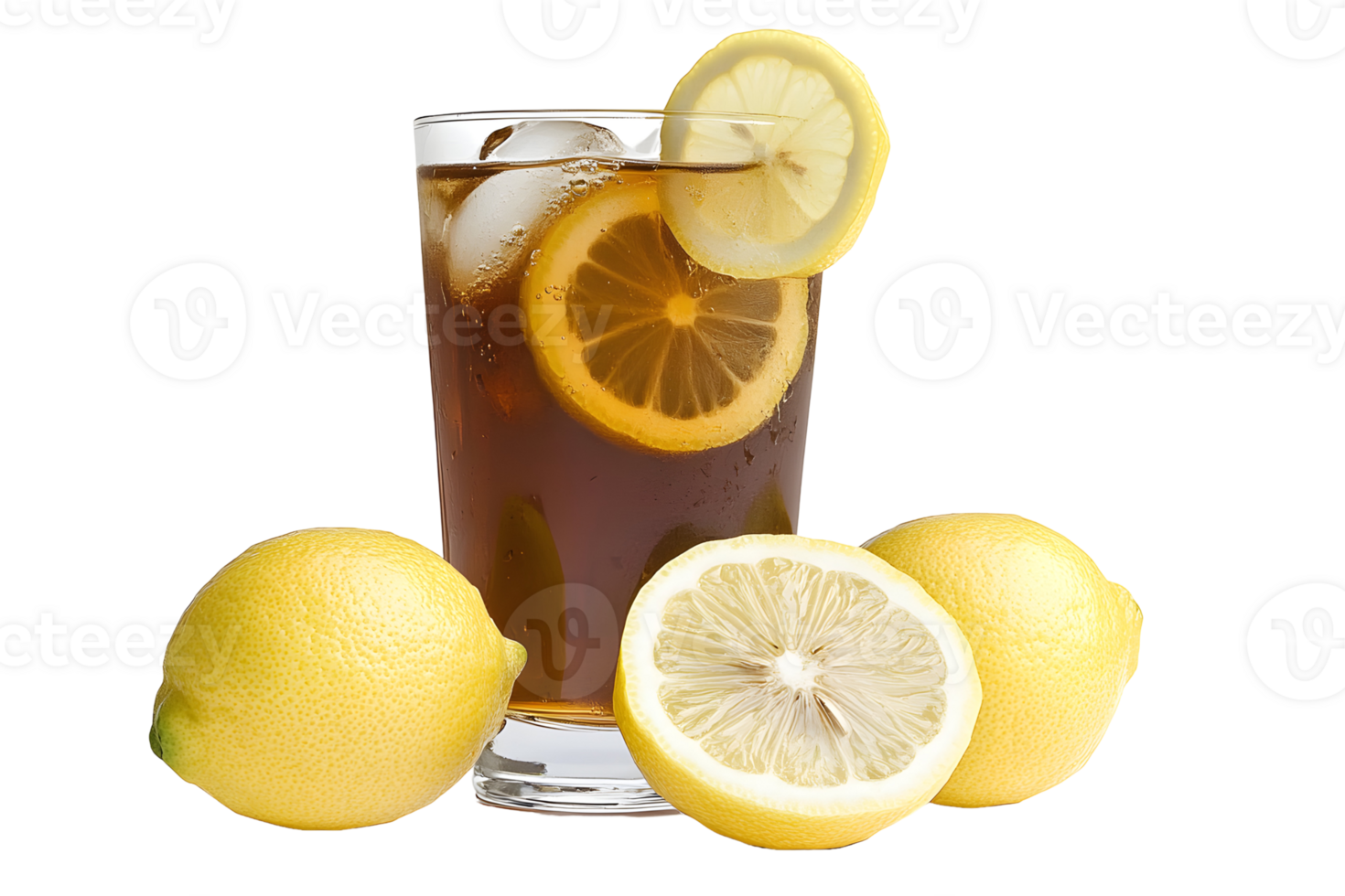 Refreshing drink iced tea in a glass with lemon slices, plus three whole lemons, on transparent background png
