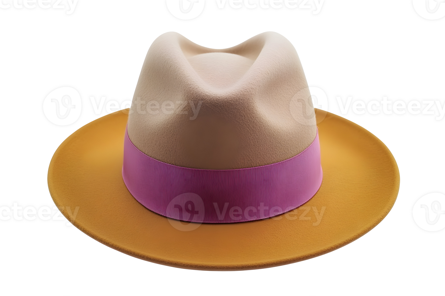 Classic fedora tan brim, beige crown, purple band. Isolated on transparent background. Sophisticated headwear, timeless style. Fashionable accessory png