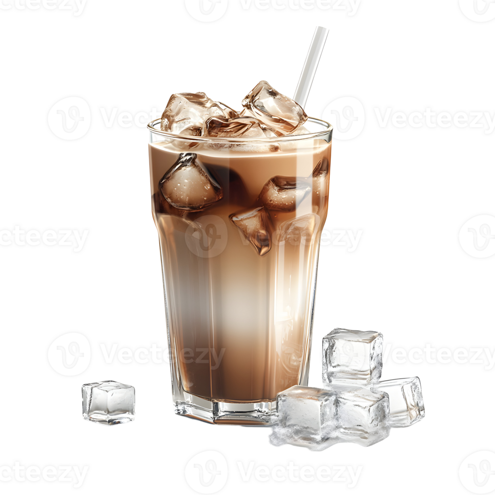 Refreshing iced coffee in a tall glass with ice cubes and a straw, isolated on a transparent background png